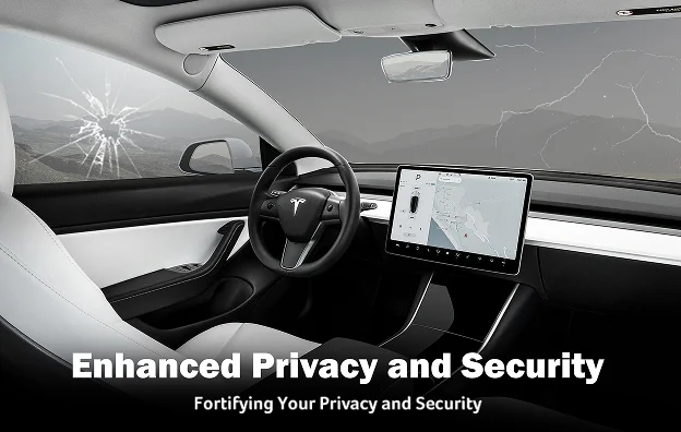 Interior view of a Tesla vehicle featuring a large touchscreen display and sleek white seats, with visible cracks on the windshield and windows. The image includes overlaid text that reads “Enhanced Privacy and Security” and “Fortifying Your Privacy and Security,” emphasizing the importance of protective upgrades.