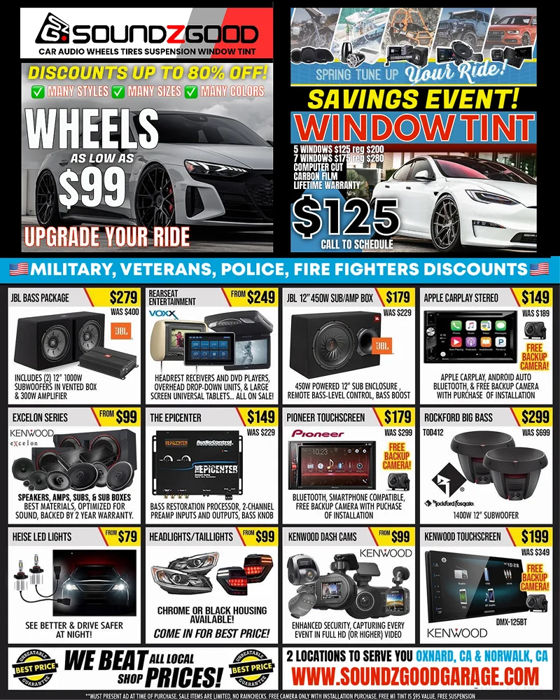 Promotional flyer from Soundz Good advertising discounts on wheels, window tint, car audio, lighting, and entertainment upgrades. Offers include wheels from $99, window tint for 5 windows at $125, JBL and Kenwood audio packages, dash cams, LED lights, and Apple CarPlay stereos. Discounts for military, veterans, police, and firefighters are featured, along with a bold claim: “We Beat All Local Shop Prices!”
