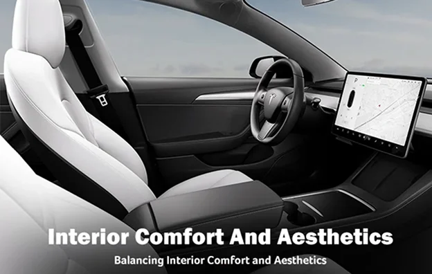 Interior view of a Tesla featuring white seats, minimalist design, and a central touchscreen display. Overlay text reads “Interior Comfort And Aesthetics – Balancing Interior Comfort and Aesthetics,” highlighting the role of window tint in improving visual appeal and cabin comfort.