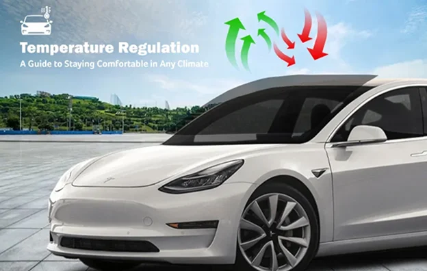 White Tesla Model 3 with graphics illustrating temperature regulation through window tint, featuring arrows showing heat being blocked and cool air retained. Text overlay reads “Temperature Regulation – A Guide to Staying Comfortable in Any Climate,” promoting climate control benefits of automotive tint.