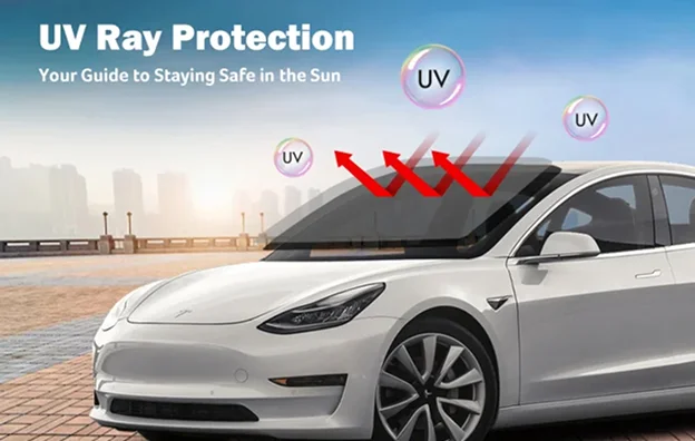 White Tesla Model 3 parked outdoors with visual graphics showing UV rays being blocked by the windshield. Overlay text reads “UV Ray Protection – Your Guide to Staying Safe in the Sun,” emphasizing the benefits of protective window tint.
