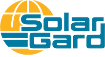 Solar Gard Window Films logo featuring a stylized yellow globe in the background with bold blue text reading “Solar Gard” and smaller white text below that says “Window Films.”