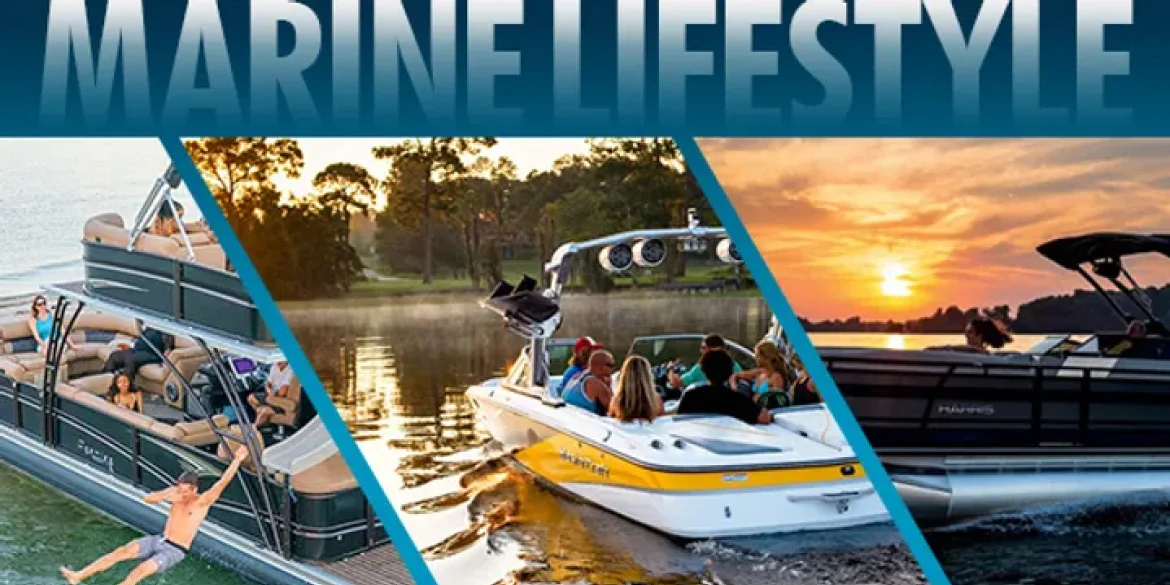 Split-panel image promoting the marine lifestyle with scenes of people relaxing on a pontoon, wakeboarding from a speedboat, and cruising into a sunset—highlighting fun, performance, and luxury on the water.