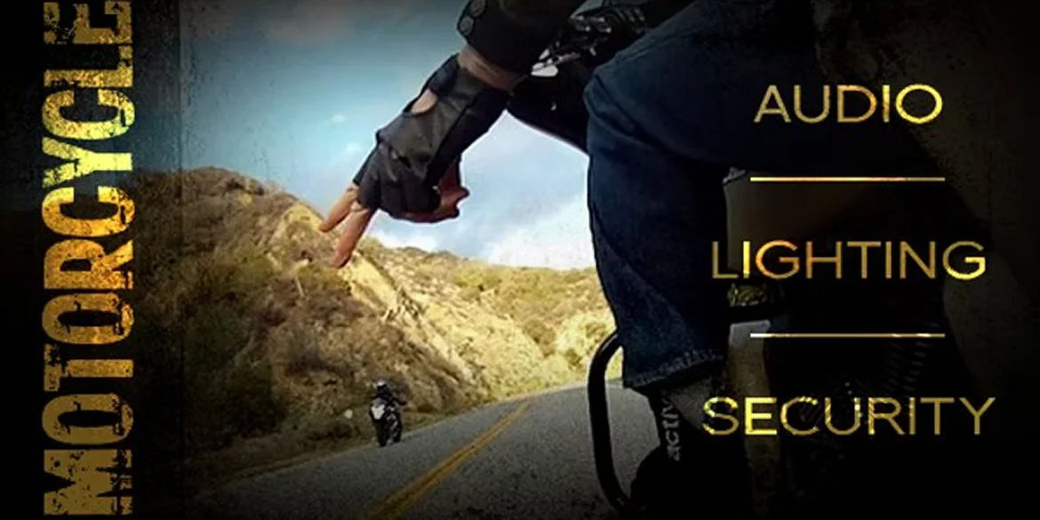 A close-up view of a motorcyclist's gloved hand signaling on a winding mountain road, with another rider approaching in the distance; overlay text reads “Motorcycle” vertically and “Audio, Lighting, Security” on the right.