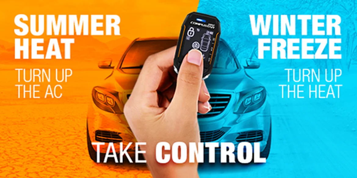 Promotional image split into two halves—orange for summer heat and blue for winter freeze—featuring a hand holding a Compustar remote starter in front of a luxury car. Text reads “Turn up the AC” on the left and “Turn up the heat” on the right, with “Take Control” emphasized at the bottom.
