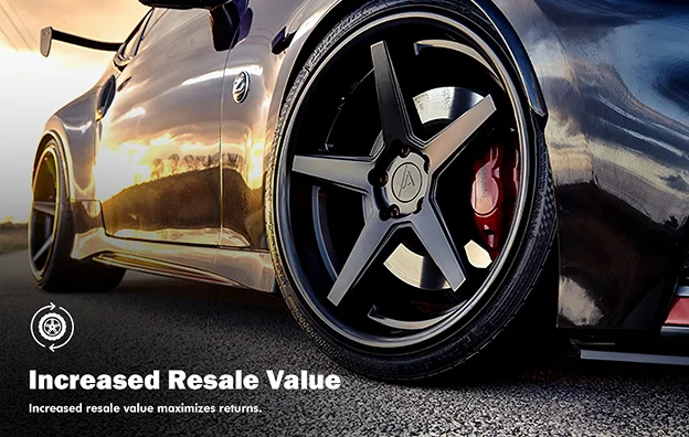 Close-up of a sleek black sports car at sunset featuring matte black 5-spoke wheels, low-profile tires, and red brake calipers. Text overlay reads “Increased Resale Value – Increased resale value maximizes returns,” with a wheel and dollar sign icon.
