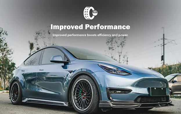 Modified blue Tesla Model Y with custom wheels, lowered suspension, and front aero upgrades parked outdoors. Above the car, text reads “Improved Performance – Improved performance boosts efficiency and power,” with a tire and gauge icon.
