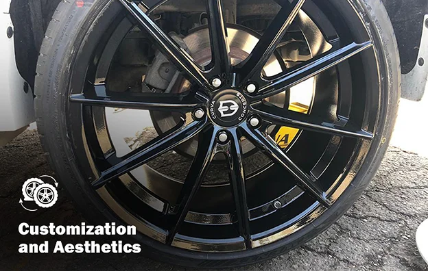 Close-up of a glossy black aftermarket rim with a multi-spoke design and “Charged” center cap logo, mounted on a vehicle with drilled brake rotors visible behind. Text overlay reads “Customization and Aesthetics.”