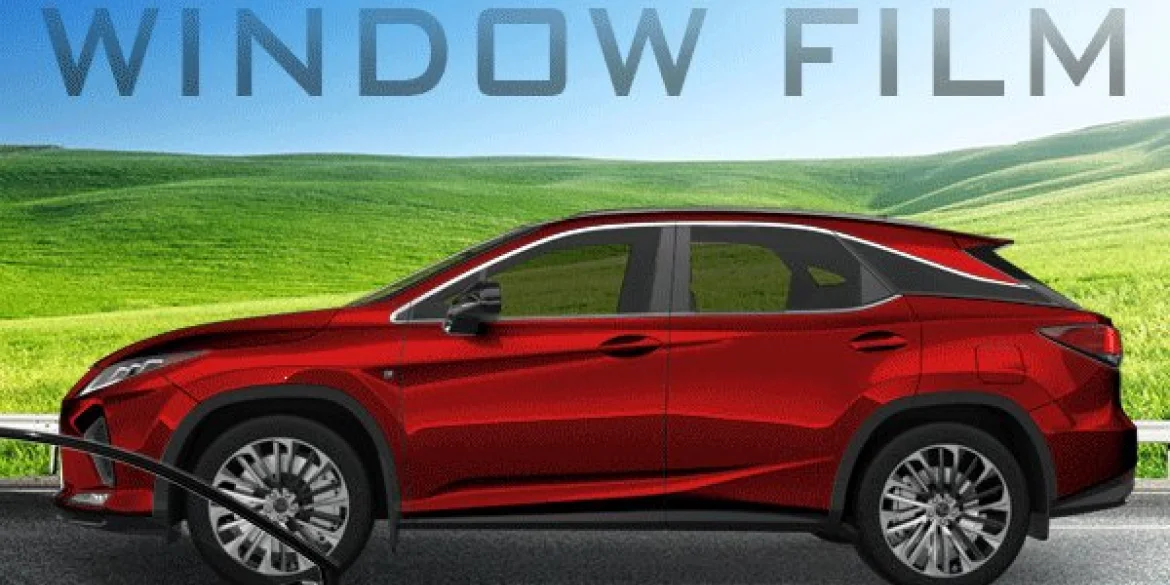Illustration of a red SUV with tinted windows labeled "Window Film," parked against a green rolling landscape and blue sky, emphasizing UV protection and privacy.