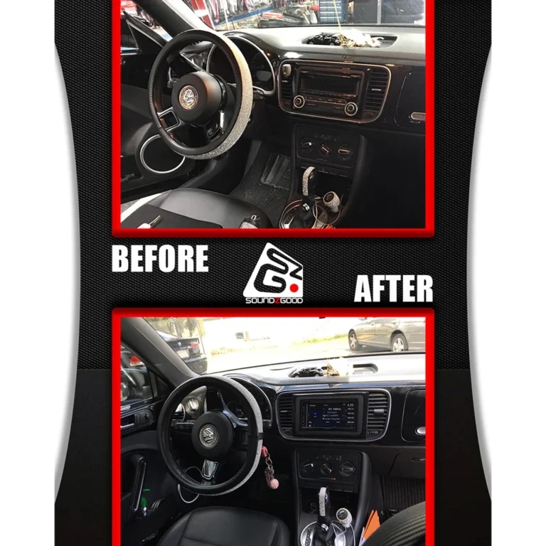 Before and after comparison of a Volkswagen Beetle’s interior dashboard. The "before" image shows the original factory stereo system, while the "after" image reveals a newly installed touchscreen infotainment system with modern interface and improved audio controls, labeled with "Sound Good" branding in the center.