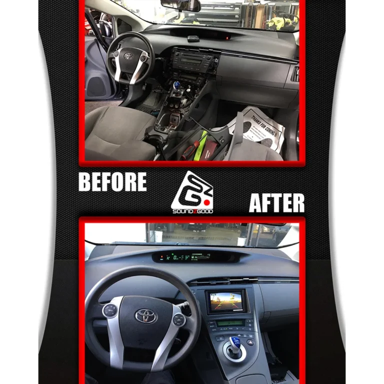 Before and after comparison of a Toyota dashboard undergoing a stereo upgrade. The "before" image shows a partially disassembled interior with exposed wiring and components, while the "after" image highlights a clean, reassembled dash featuring a new touchscreen display with a rearview camera feed.