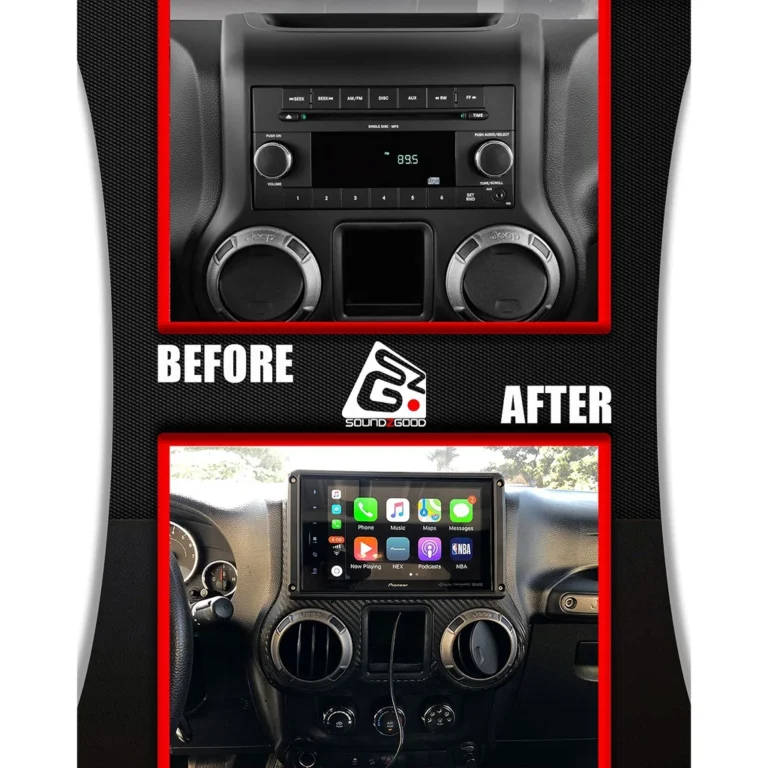 Before-and-after dashboard upgrade showing a factory car stereo replaced with a modern Pioneer touchscreen display featuring Apple CarPlay and app icons like Music, Maps, and Messages.