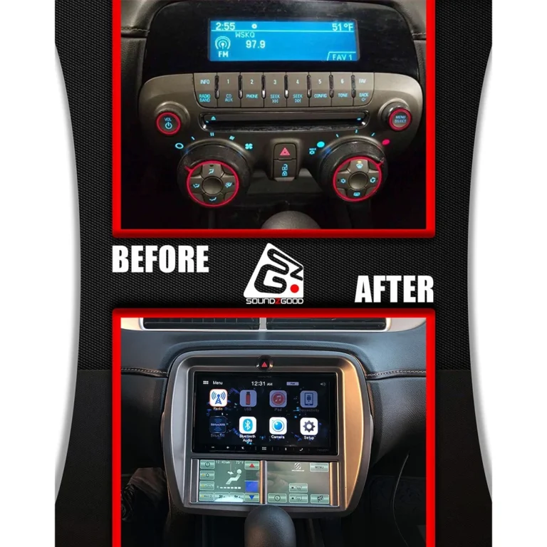 Before-and-after image of a car dashboard upgrade. The 'before' shows an older stereo system with a small digital screen tuned to FM 97.9 and manual climate controls. The 'after' reveals a sleek touchscreen display with modern interface icons like Bluetooth, Navigation, Camera, and Setup, plus digital climate control.
