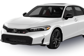 Front-side view of a white Honda Civic Si sedan with black wheels and red-accented interior, showcasing a sporty design and aggressive front grille.