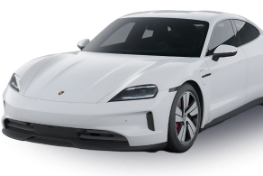 Front-side view of a white Porsche Taycan, an all-electric luxury sports sedan with aerodynamic styling, sleek LED headlights, and performance wheels.