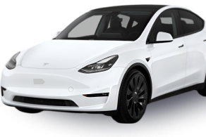 Front-side view of a white Tesla Model Y with black wheels and a panoramic glass roof, showcasing its sleek, all-electric crossover SUV design.