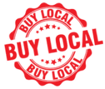 Red rubber-stamp style emblem with the bold text “BUY LOCAL” in the center, surrounded by the phrase repeated in a circular pattern.