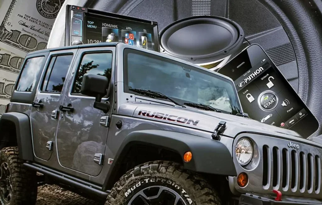 A customized Jeep Wrangler Rubicon with off-road tires parked in front of a background collage featuring car audio systems, a Python remote start app, subwoofers, and dollar bills, suggesting upgrades and value.