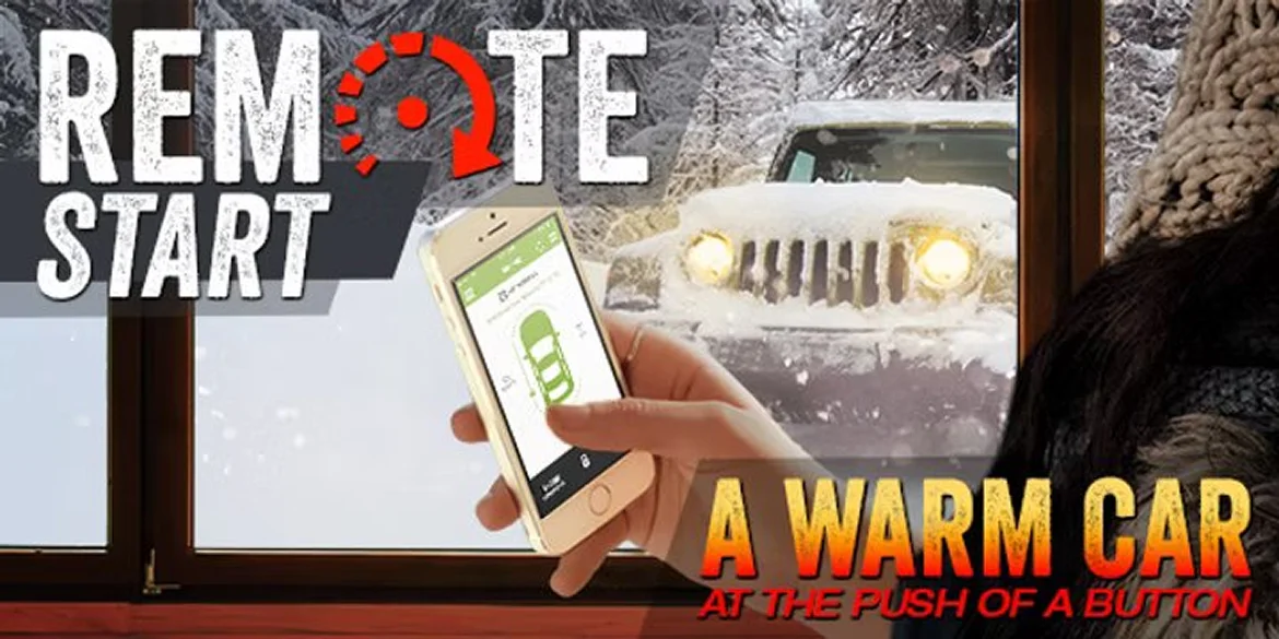 A person holds a smartphone with a remote start app activated, seen through a window looking out at a snow-covered Jeep with headlights on; large text reads "REMOTE START" and "A WARM CAR AT THE PUSH OF A BUTTON."