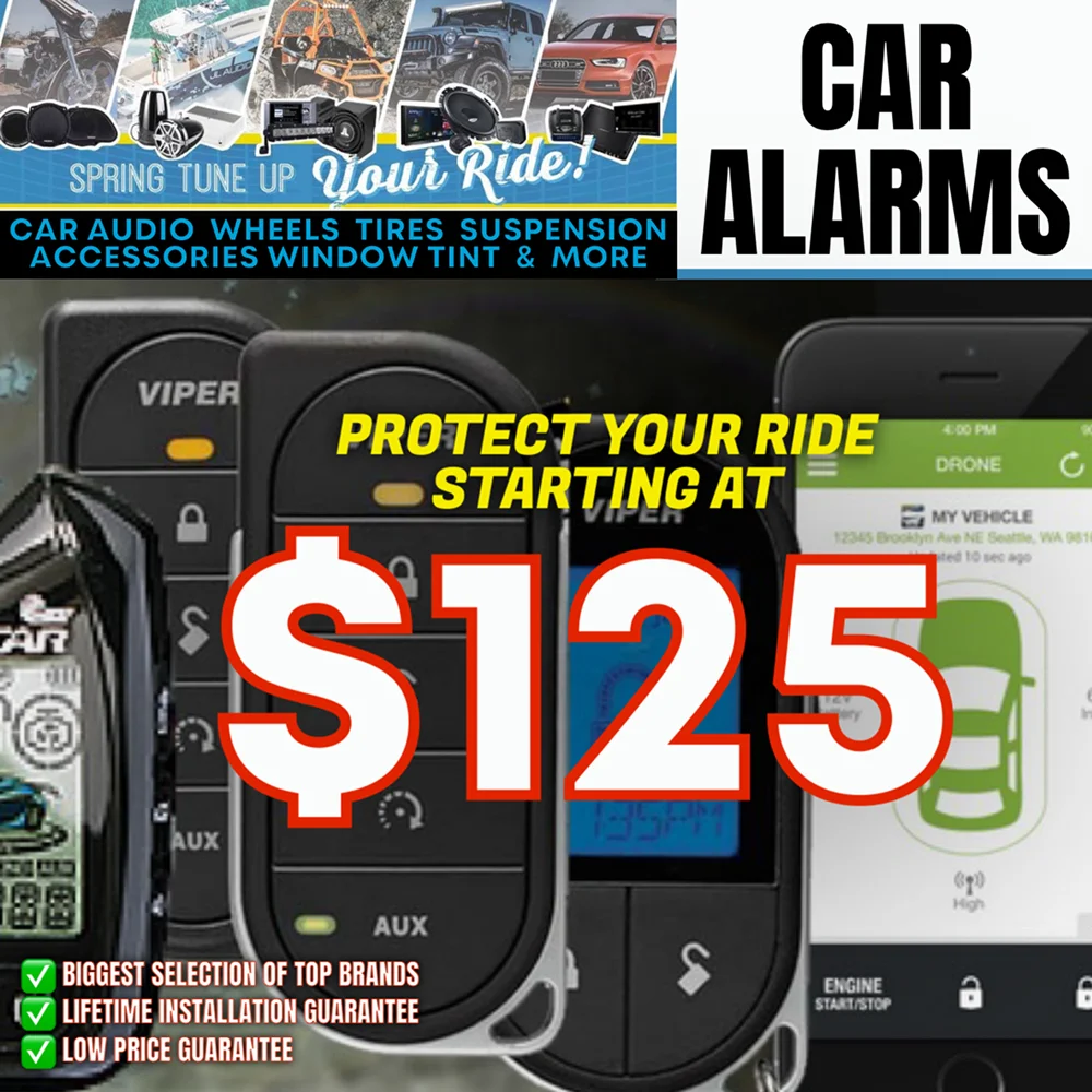 Promotional graphic advertising car alarms starting at $125, featuring various Viper and Compustar remote start and alarm remotes, a smartphone interface for remote vehicle control, and text offering the biggest selection, lifetime installation guarantee, and low price guarantee.