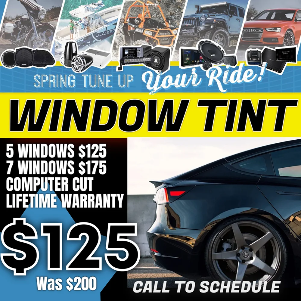 Promotional graphic for Soundz Good’s spring window tinting special featuring a glossy black Tesla with tinted windows. The offer includes computer-cut tint for 5 windows at $125 (was $200), and 7 windows at $175, with a lifetime warranty. The banner includes icons of cars, boats, off-road vehicles, and audio gear under the header “Spring Tune Up Your Ride.”