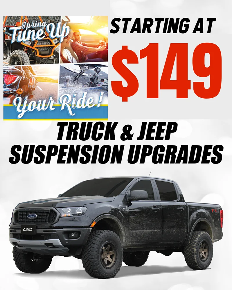 Promotional image advertising truck and Jeep suspension upgrades starting at $149. The ad features a lifted black Ford Ranger with large off-road tires and includes spring-themed graphics and bold text.