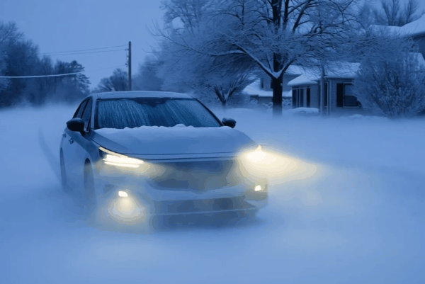 Car driving through a snowy residential street with headlights on and frost covering the windshield and hood.