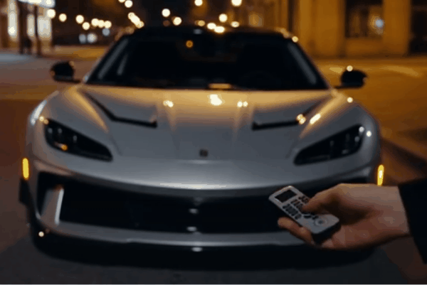 Person using a remote starter to activate a luxury sports car at night on a city street.