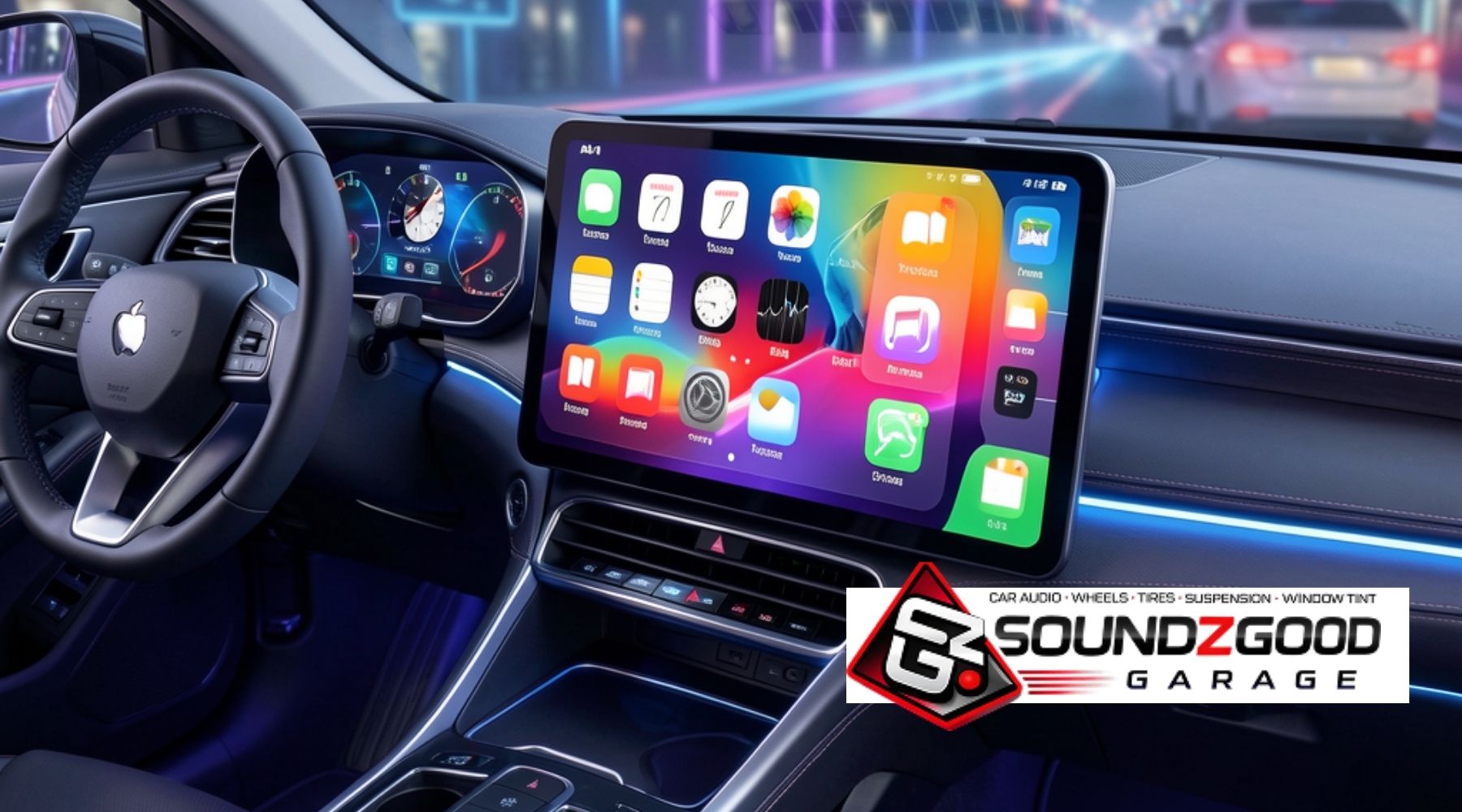 Apple CarPlay interface on a modern car dashboard with steering wheel and digital gauges, featuring Soundz Good Garage branding.