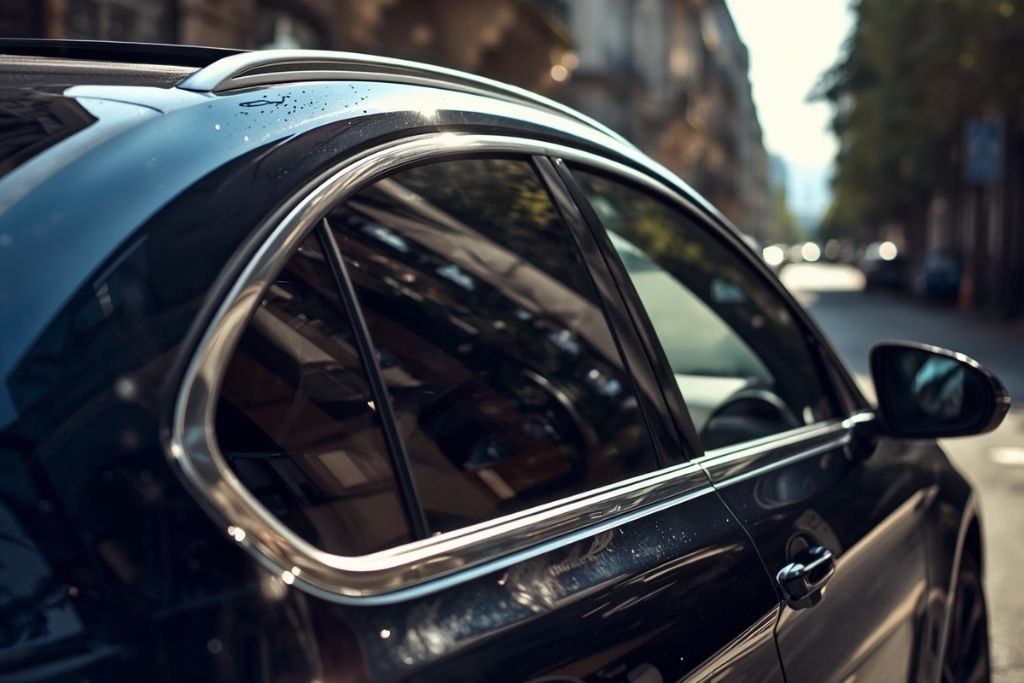 Black SUV with dark tinted windows parked on a sunny city street, showing sleek automotive window film.