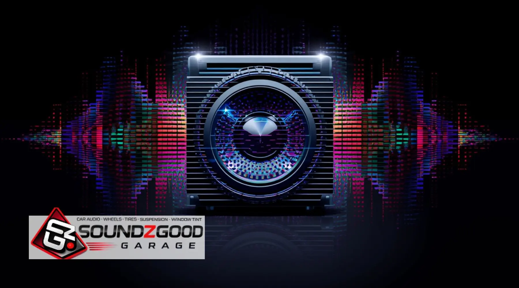Soundz Good Garage graphic featuring a car audio speaker with colorful soundwave effects and brand logo.