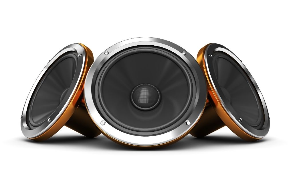 Three car audio speakers with black cones, silver trim, and bronze housings on a white background.