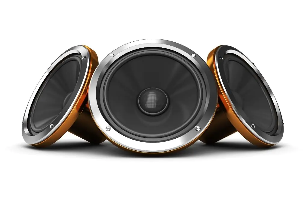 Three car audio speakers with black cones, silver trim, and bronze housings on a white background.