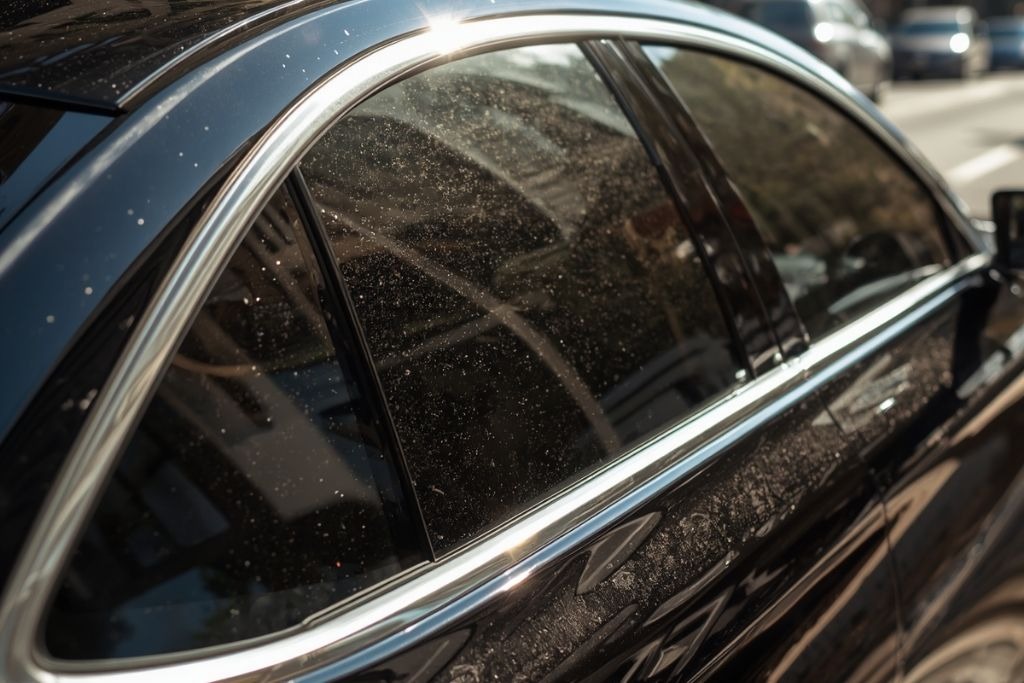 Tinted car windows reflecting sunlight on a parked vehicle