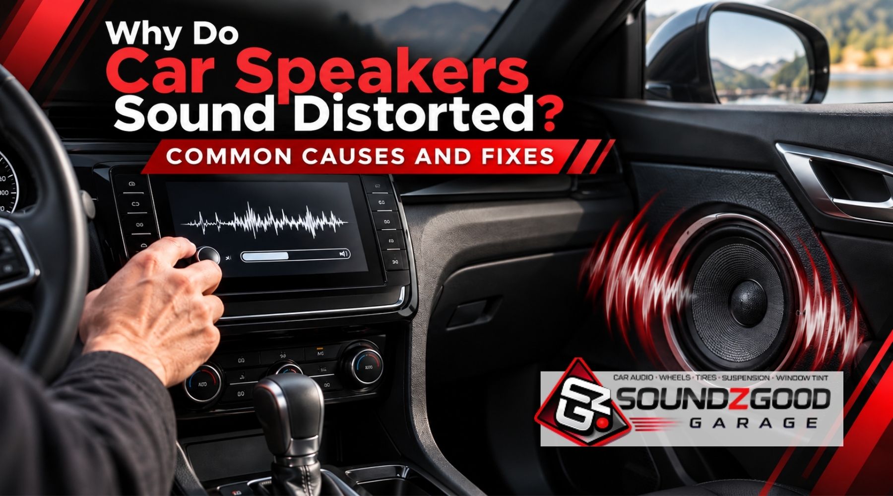 Car interior with speaker distortion graphic and Soundz Good Garage branding for a guide on common causes and fixes for distorted car audio.
