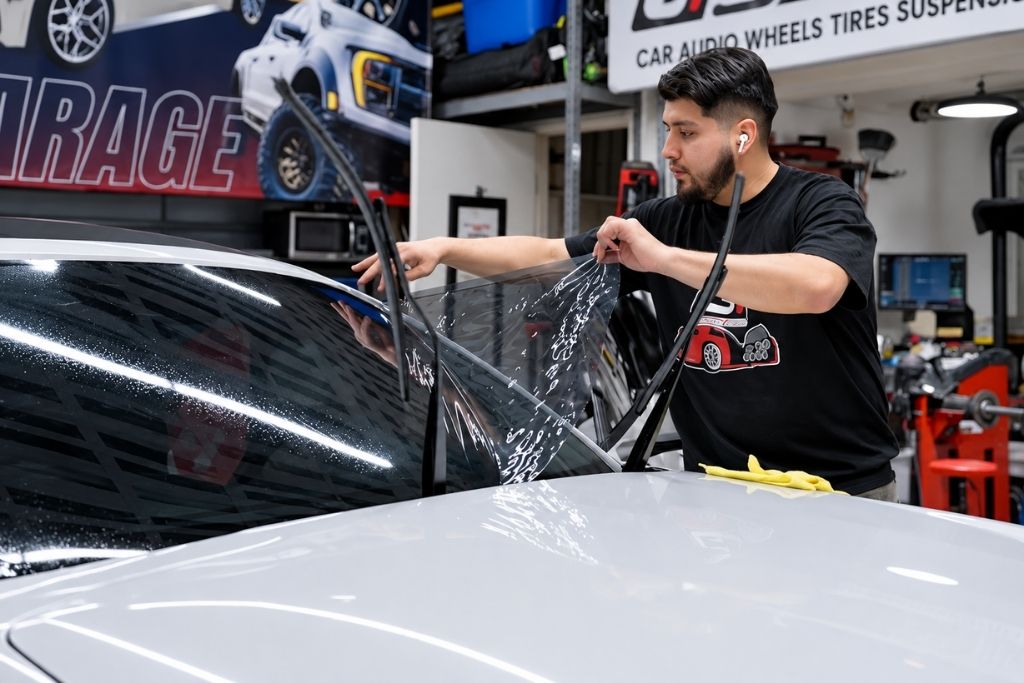 Soundz Good Garage technician applying window tint film to a car window during a professional installation.