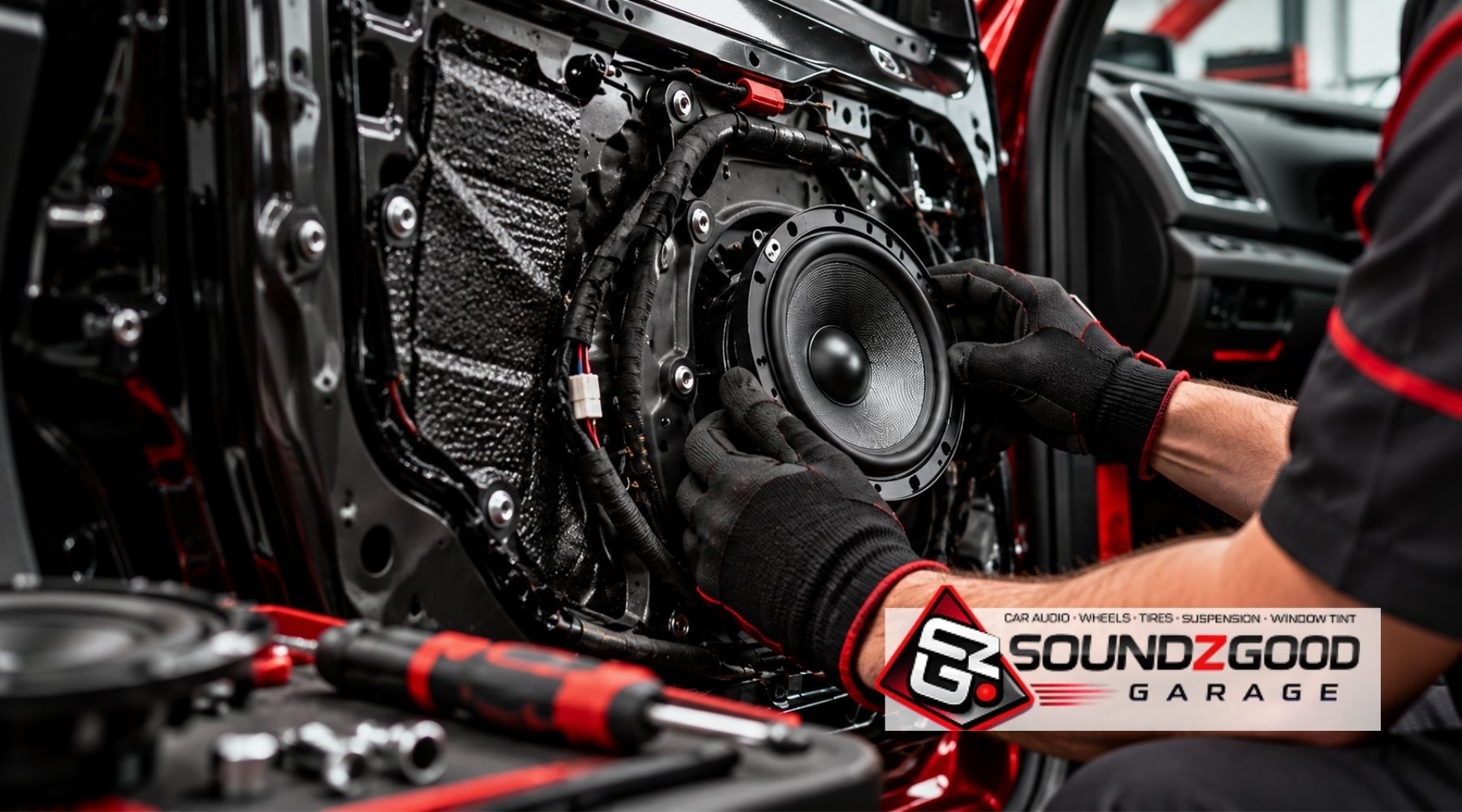 Professional car speaker installation in Norwalk by Soundz Good Garage, showing a technician mounting an aftermarket speaker inside a car door.