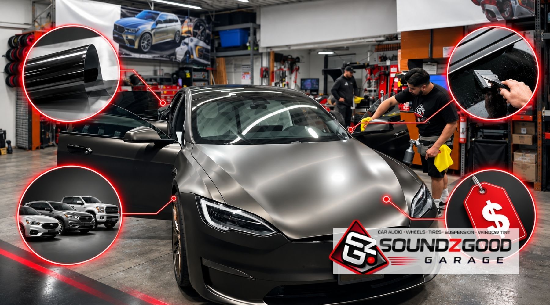 Professional car window tint installation at Soundz Good Garage, showing a technician working on a vehicle with tint film, vehicle types, and pricing graphics.