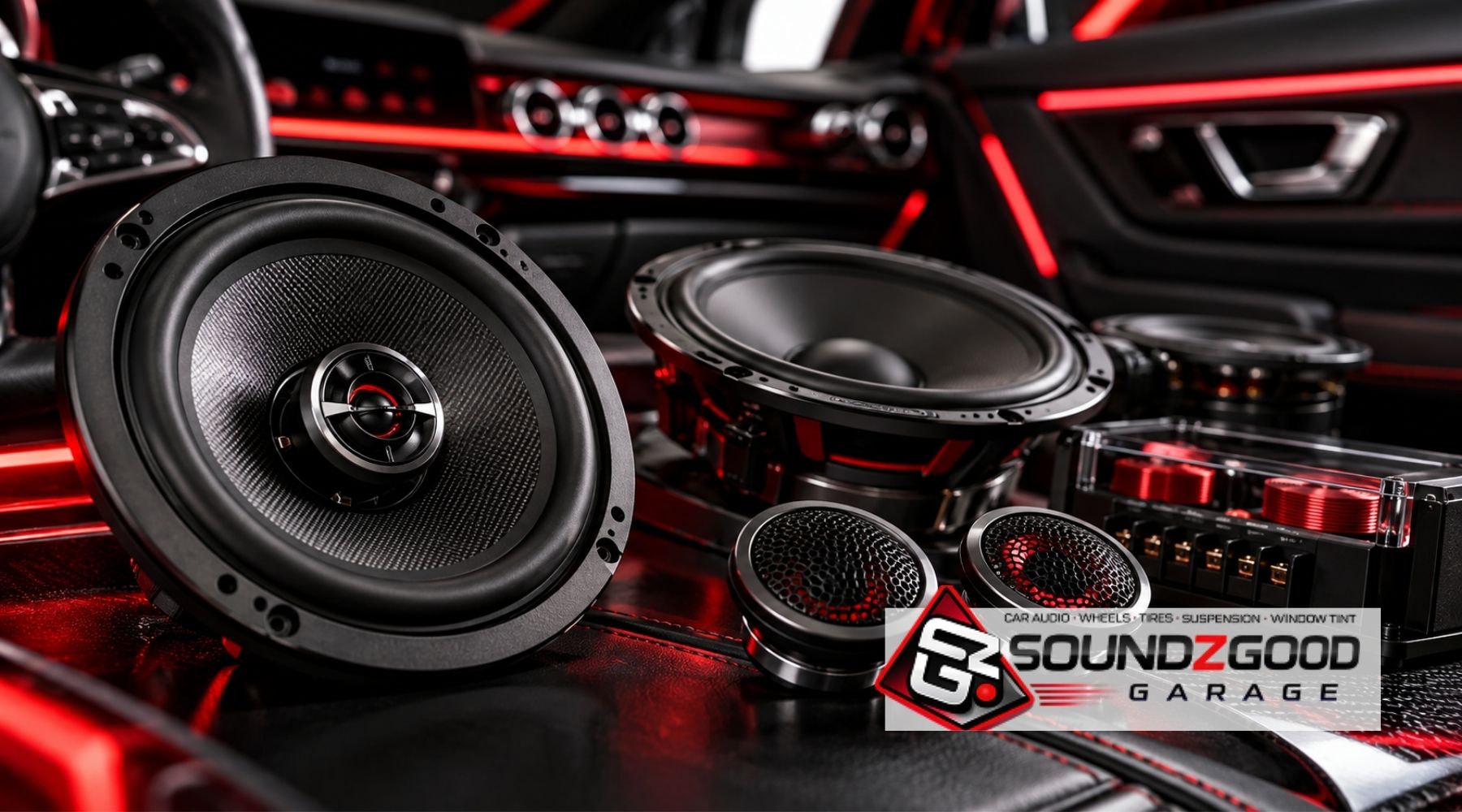 Car speakers, tweeters, and crossover components displayed inside a vehicle with Soundz Good Garage branding.